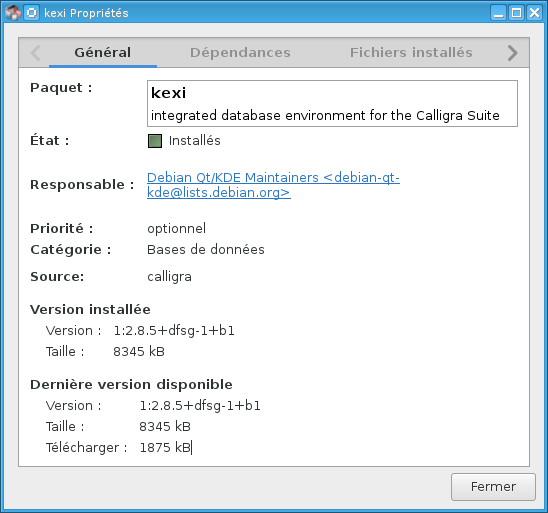 Les propriétés du package montrent que c'est la version stable installée et que la dernière version proposée est la même !